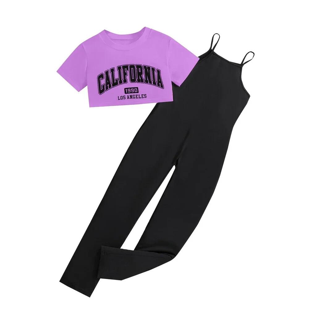 Ecolala Girls' 2 Piece Outfits Graphic Short Sleeve Crop Top and Cami Jumpsuit